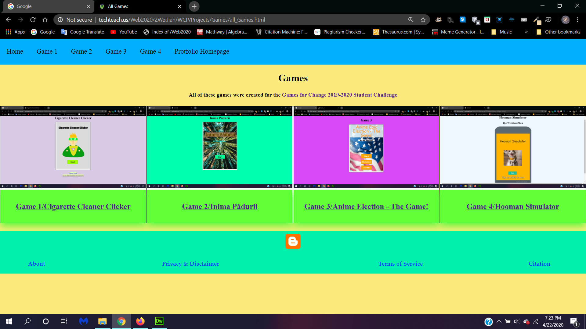 A screenshot of the Games for Change Student Challenge 2019-2020 Game Homepage that links to 4 playable games